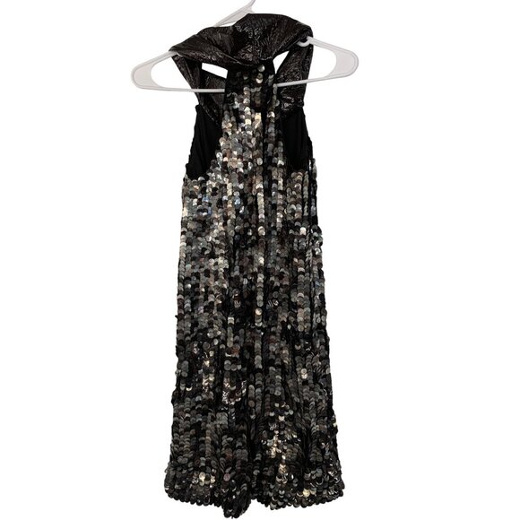 NWT Black Sequin Halter Dress Faux Leather Twist Neck By Poleci Size 0 Silk USA - Picture 3 of 12